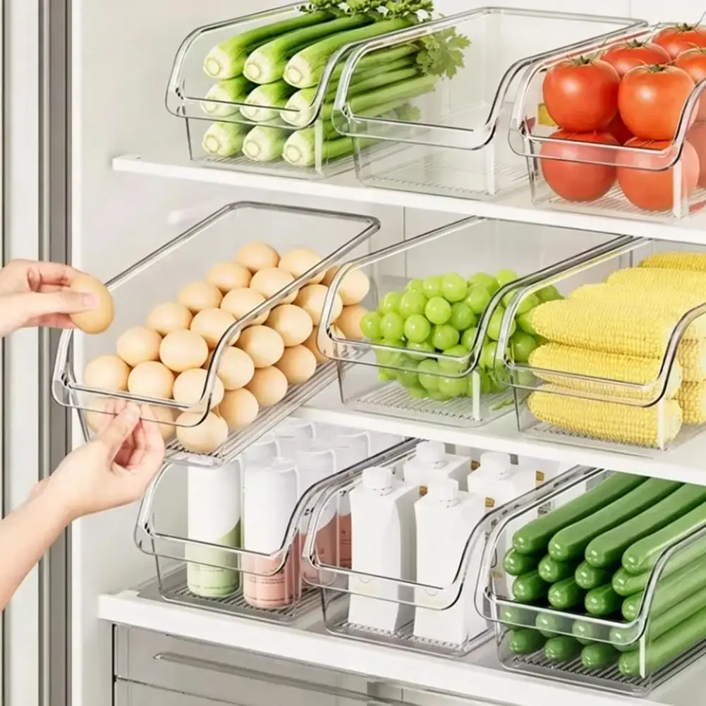Refrigerator Storage Box Clear PET Pull Out Drawer Organizer, Stackable Fresh Food Keeper For Vegetables Fruits And Eggs 95
