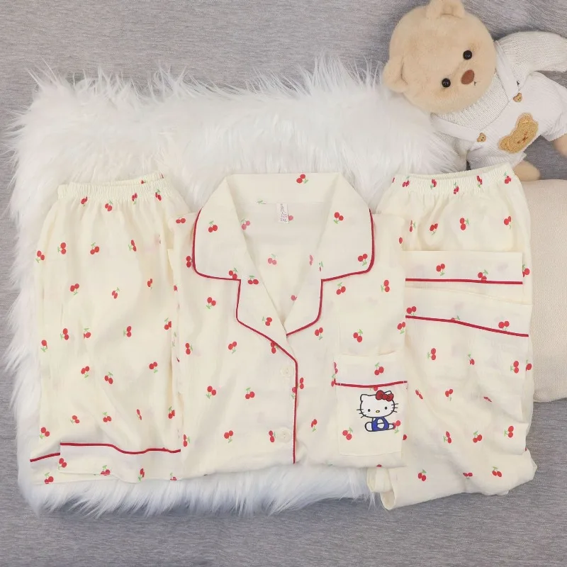 

Хлопковая пижама-тройка Hello Kitty Yunduo с героями мультфильмов Ins Girl, милые и милые брюки с короткими рукавами, домашняя одежда, костюм, кардиган