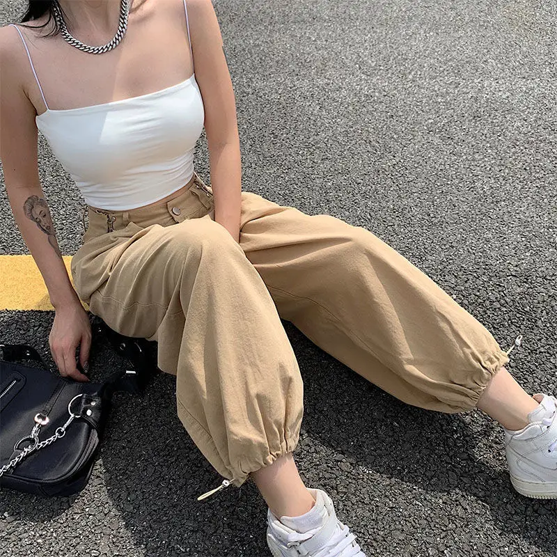 Summer Simplicity Loose Solid Color Cargo Pants Adjustable Drawstring Lantern Trousers Versatile Fashion Casual Women Clothes