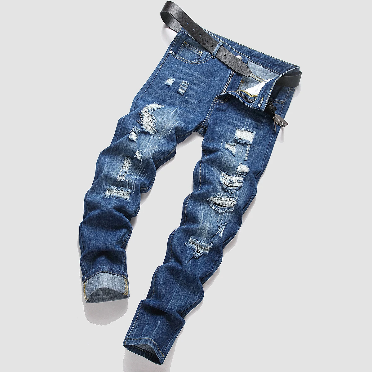 Men's Trendy Streetwear Straight Leg Dark Wash Ripped Denim Jeans