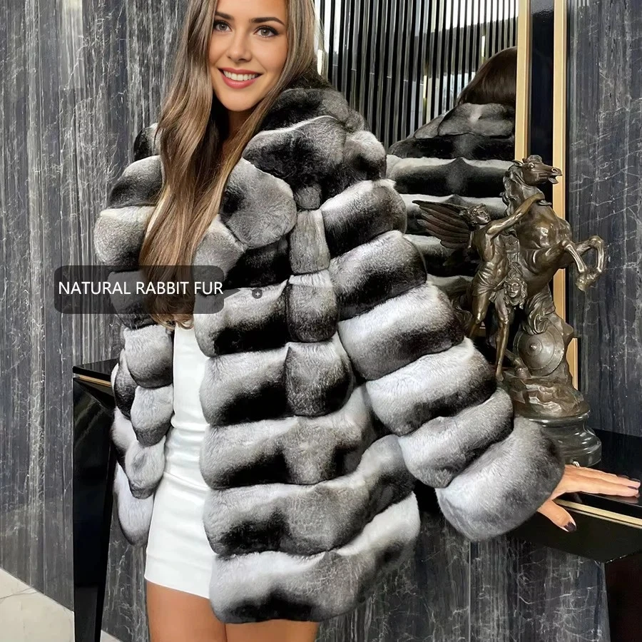 Natural Rex Rabbit Fur Coat Women New Winter Long Fur Jackets Chinchilla Fur Coat Hot Seller Real Fur Jacket