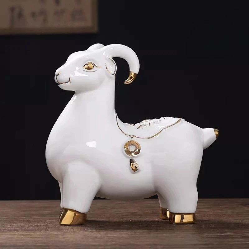 1pc Ceramic Goat Ornament Feng Shui Fortune Zodiac Sheep Home Decoration Living Room Crafts Animal Decorative Ornaments