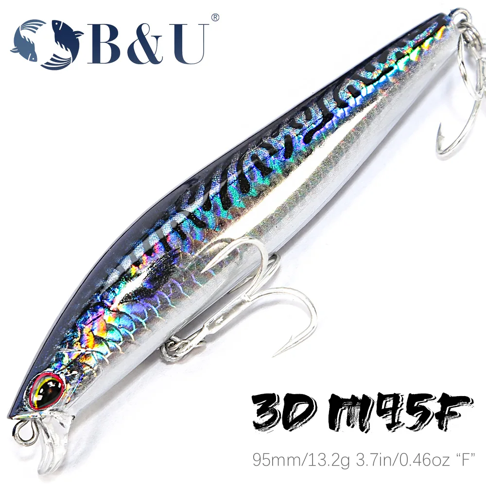 B&U 3D Printing 95mm 13.2g Floating Wobbler Slatwater Fishing Lures Minnow Crank Wobbler Fishing Tackle Hooks Hard Bait