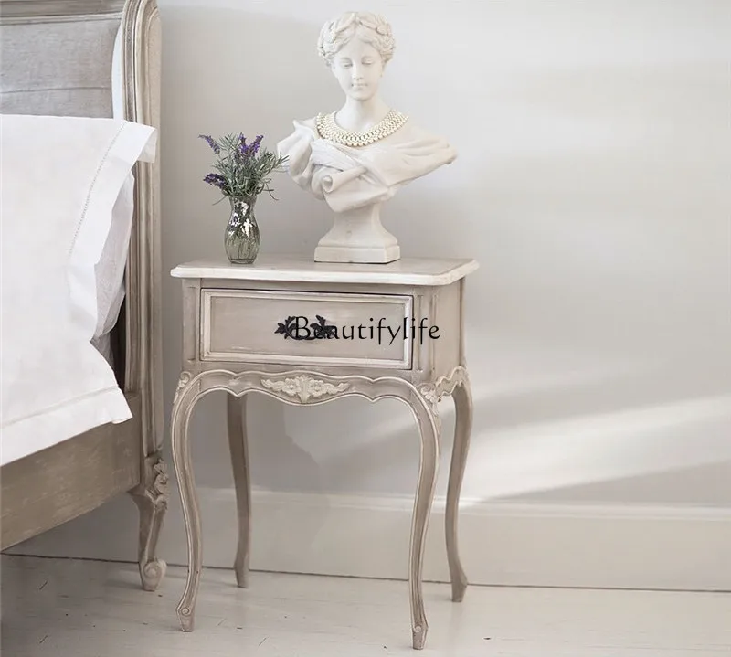 

French retro solid wood carving flower bedside table, American country master bedroom villa bedside table