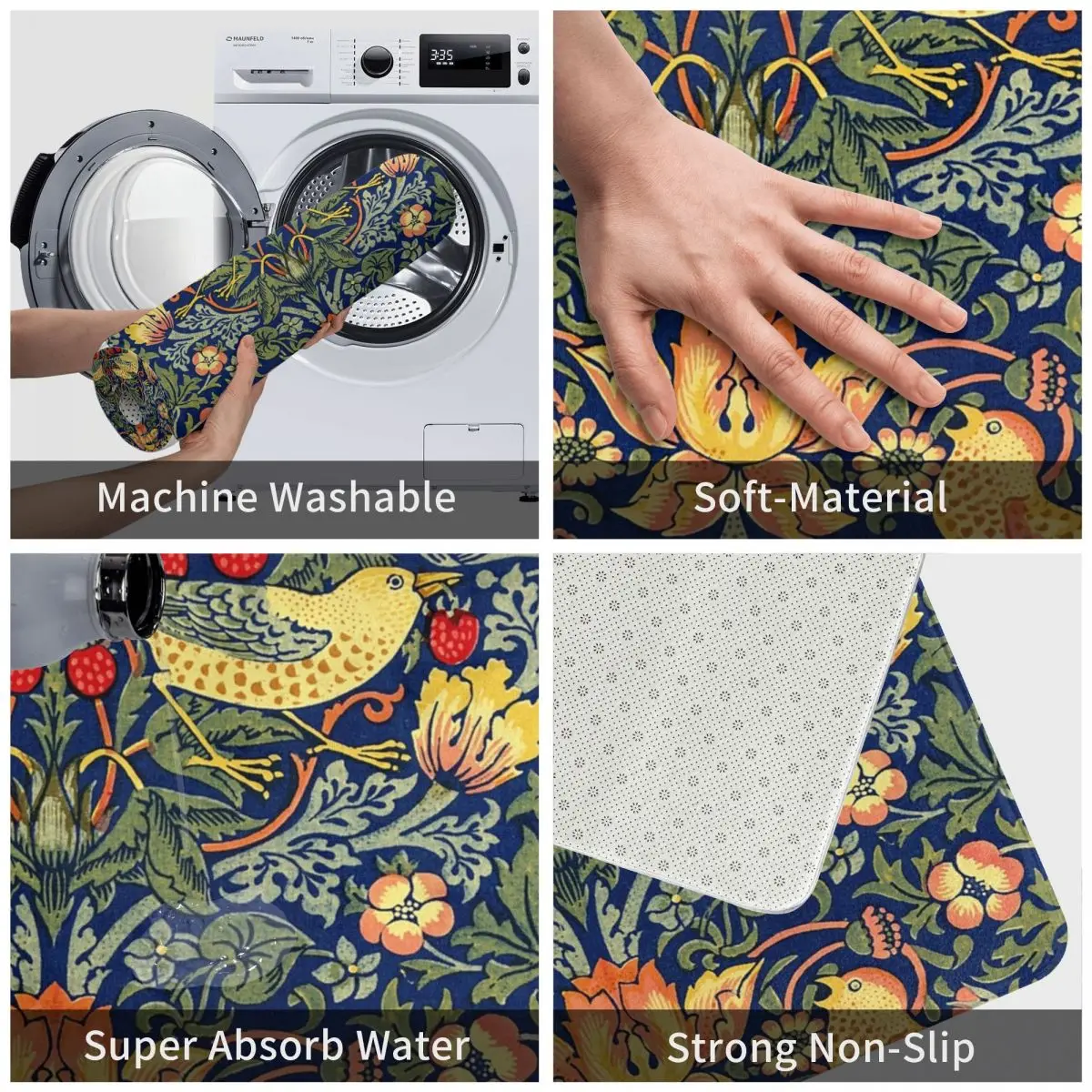 윌리엄 모리스 딸기 도둑 미끄럼 방지 도어 매트 바닥 매트 먼지 방지 카펫 러그 주방 입구 홈 발코니 발판 매트