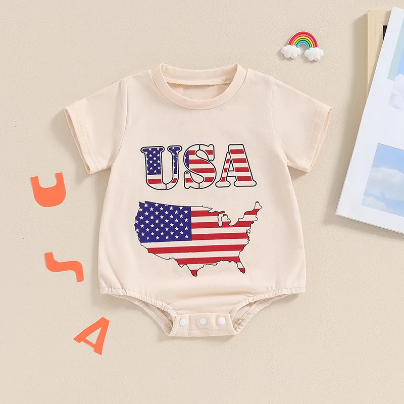 

Baby 4th of July Romper Short Sleeve Round Neck Letter Print Bodysuit Infant Summer Playsuit