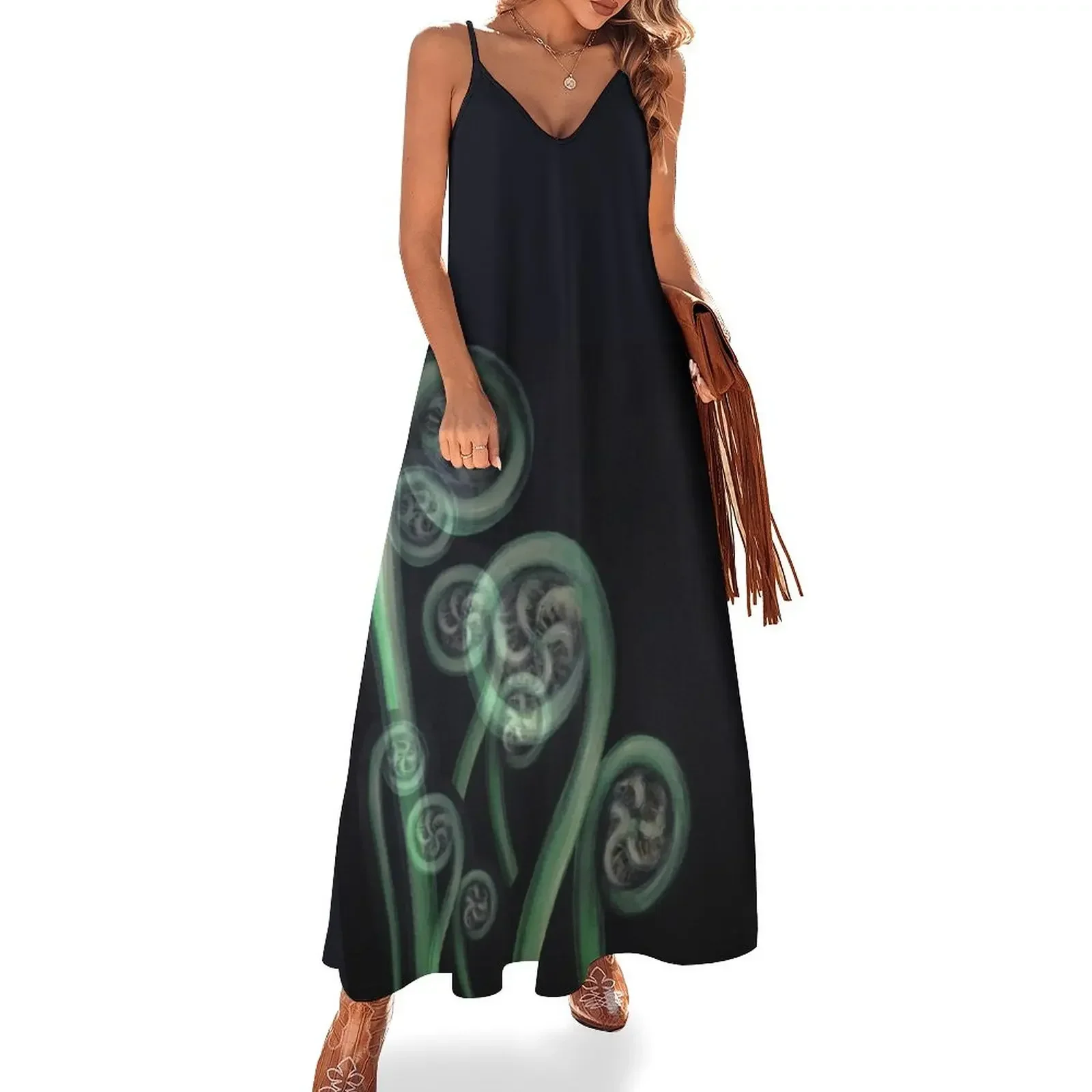 

Ferns on Black – Moko Sleeveless Dress bandage dress Women's long dress