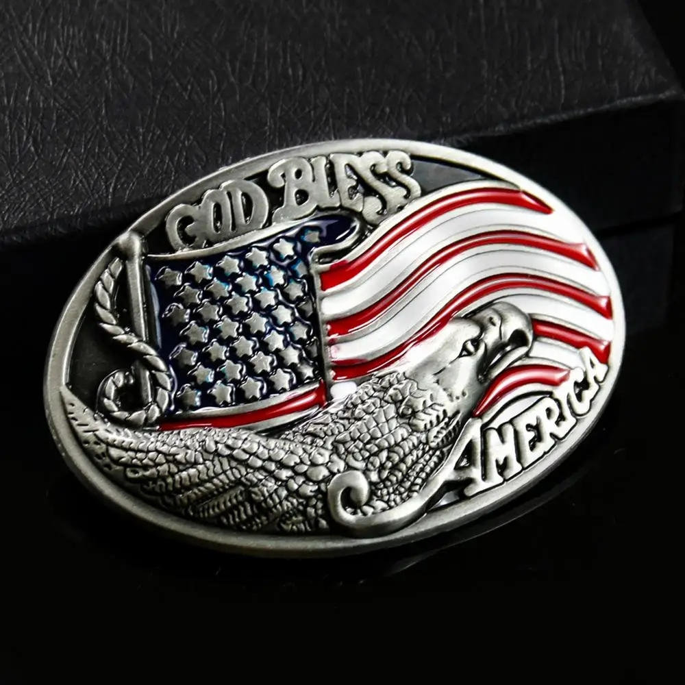 سبائك الزنك المينا العلم الأمريكي الفضة النسر الرجال قطرة النفط حزام مشبك الله يبارك رجل الجينز اكسسوارات صالح ل حزام عريض 4 سنتيمتر
