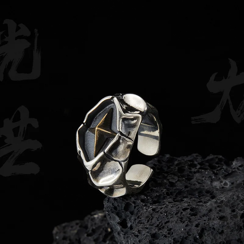 Retro Cracking Star Ring For Men Silver Color Punk Gothic Adjustable Open Ring Handmade Rock Unisex Biżuteria Akcesoria Prezent dla mężczyzny