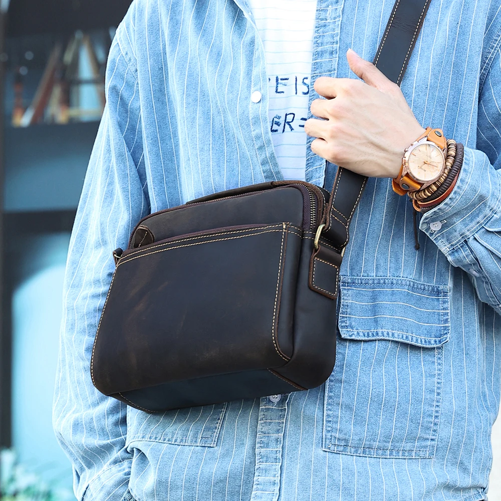 

JOGUJOS Men's Genuine Cowhide Leather Small Crossbody Messenger Bags for Work Handbag Vintage Travel Man Purse Shoulder Bags
