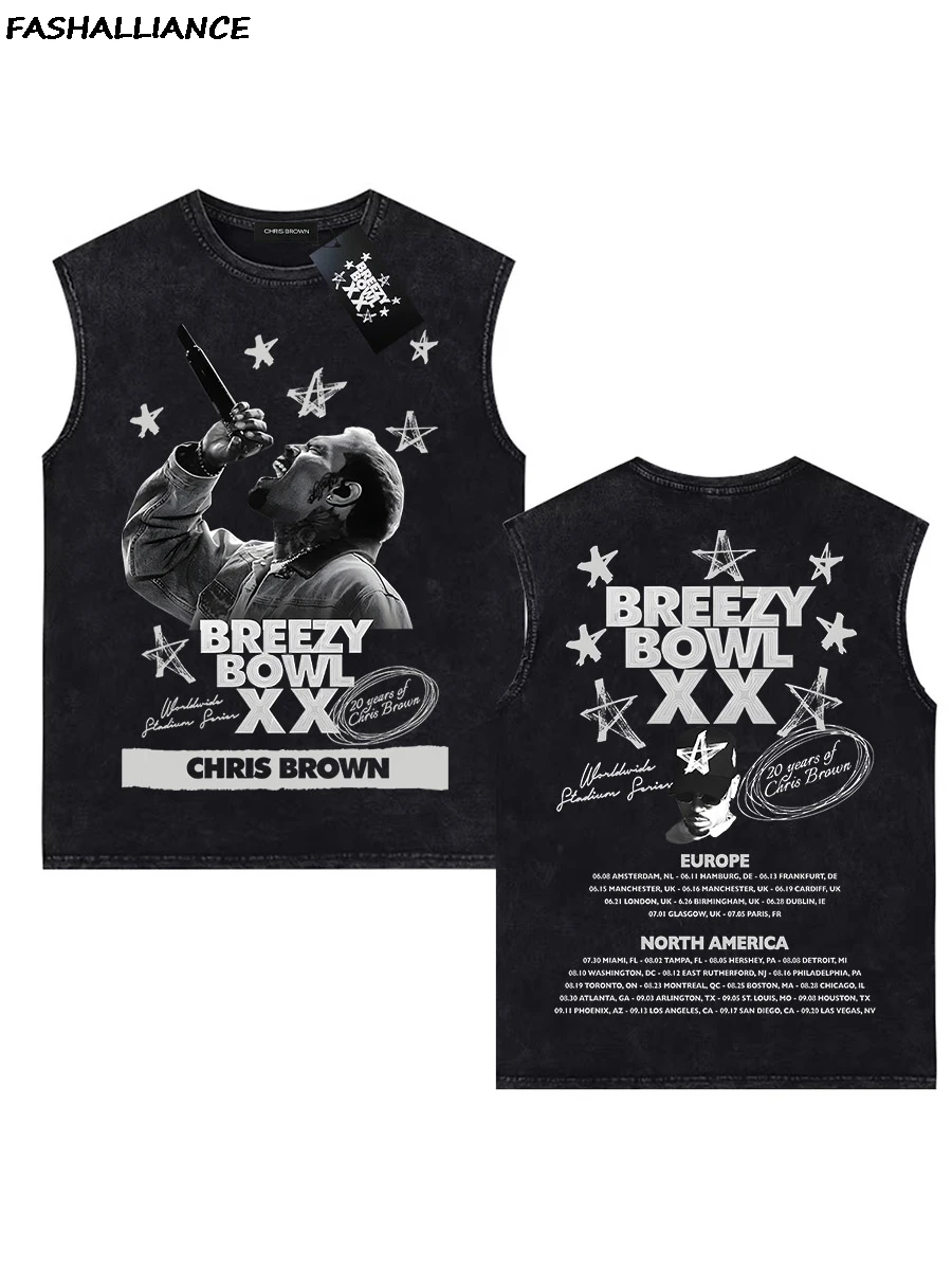 

Chris Brown Breezy Bowl XX 2025 Tour Washed Tank Tops Хип-хоп Готический Винтаж Мужская футболка без рукавов большого размера Хлопковые футболки CB15