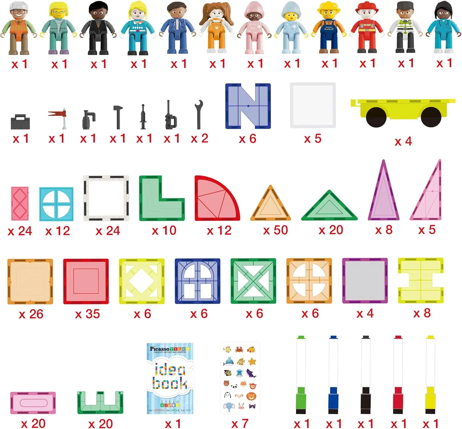 Mega bloc de Construction magnétique, ensemble de 350 pièces, blocs de Construction de carrelage magnétique avec Base de voiture, figurines de personnages, marqueurs, tableau blanc