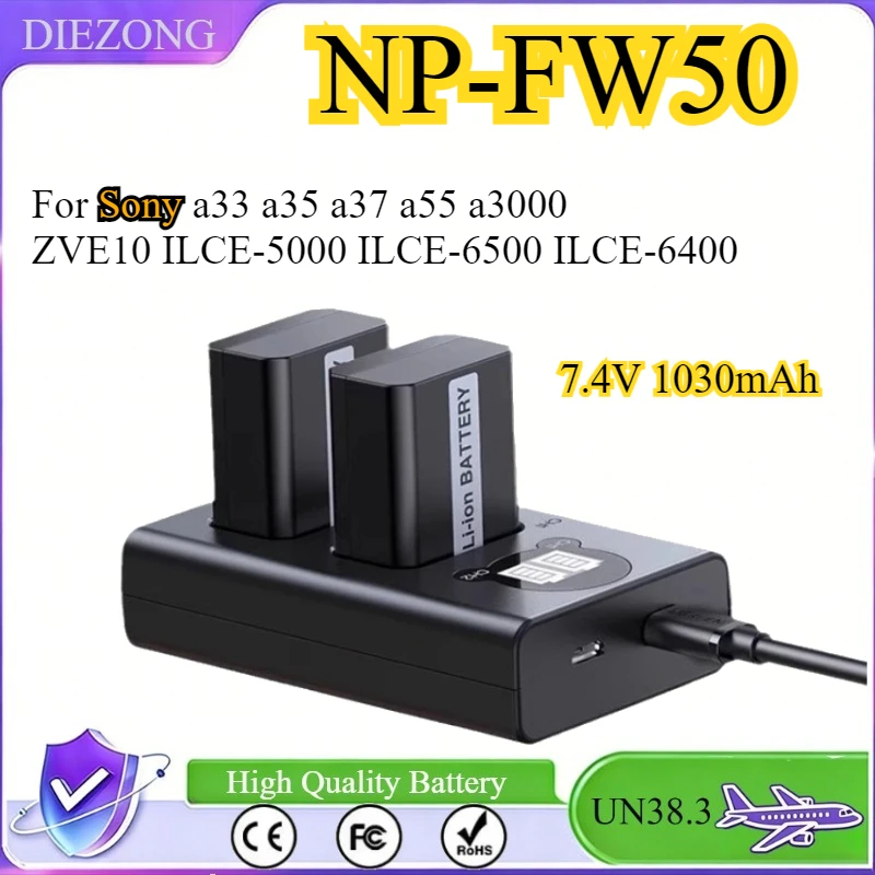 1030mAh NP-FW50 NPFW50 Camera Battery with LCD USB Dual Charger for Sony Alpha A6500 A6300 A6000 A3000 A5000 NEX-3 A7R