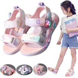 Sandalias de dibujos animados de princesas para niños y niñas, zapatos luminosos brillantes de suela suave para la playa, primeros pasos, Verano