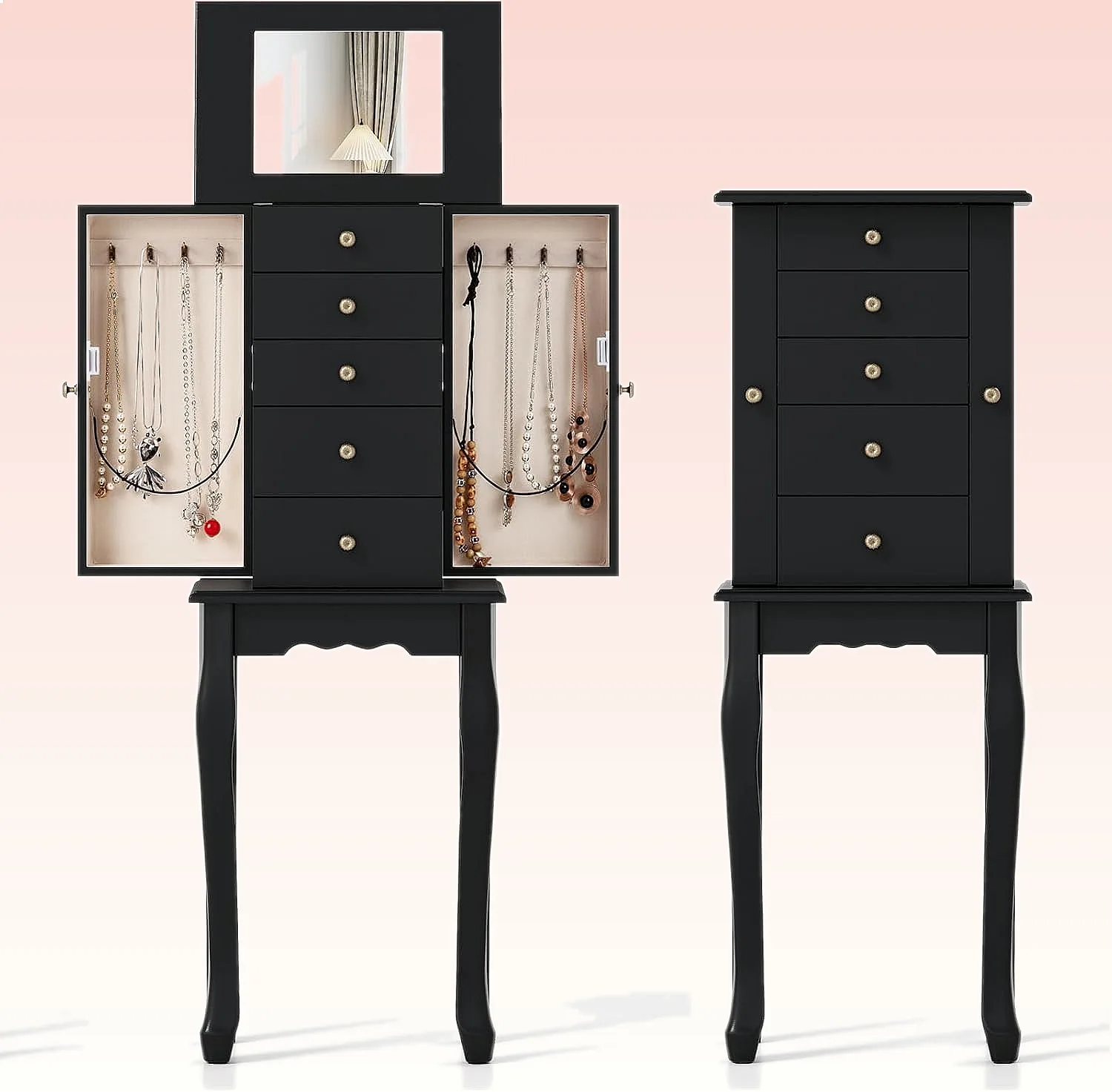 COSTWAY Standing Jewelry Armoire Cabinet Wooden Storage Chest with 5 Drawers Side Doors & Flip Mirror Black