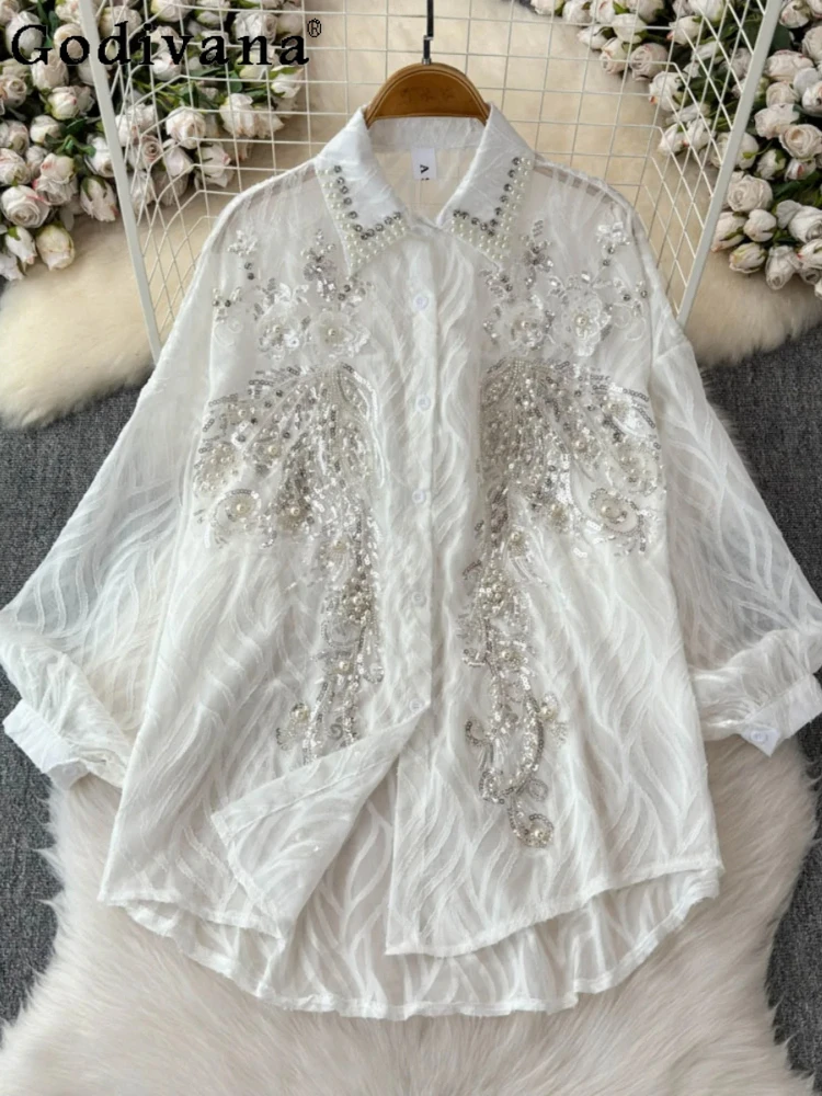Summer Girl French Heavy Industry Sequin Embroidery Diamond Versatile Age Reduction Shirt New Lantern Sleeve Loose Sunscreen Top