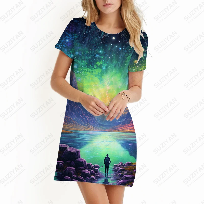 

Summer new ladies dress Fantasy Valley 3D print lady dress fantasy style ladies dress fashion trend leisure ladies dress