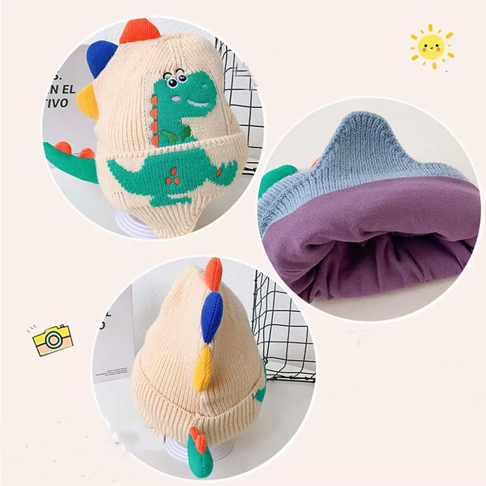 Windproof Cartoon Dinosaur Knit Beanie Hats para crianças, proteção de orelha, quente, fofo, bebê, inverno, moda