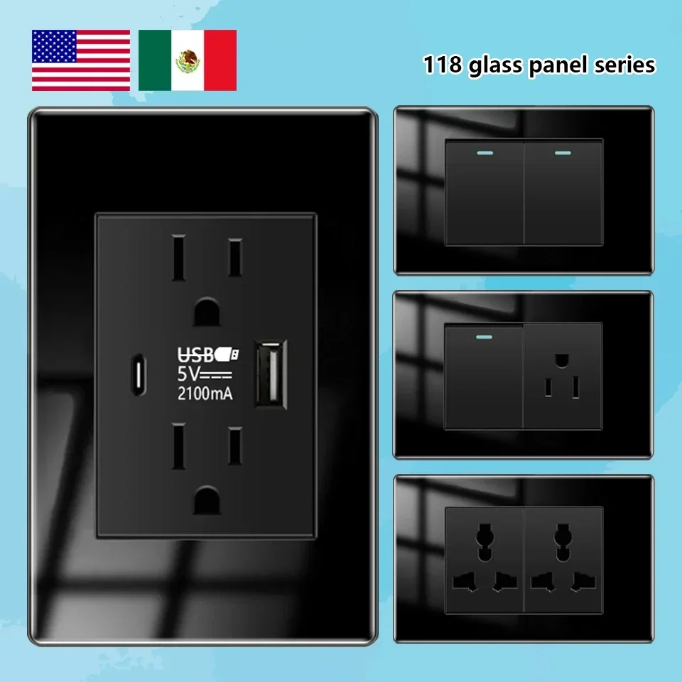 American Black Tempered Glass 15A Light Electrical Switch,US Plug USB Type-c Quick Charge Wall Power Outlet,Mexico Switch Outlet