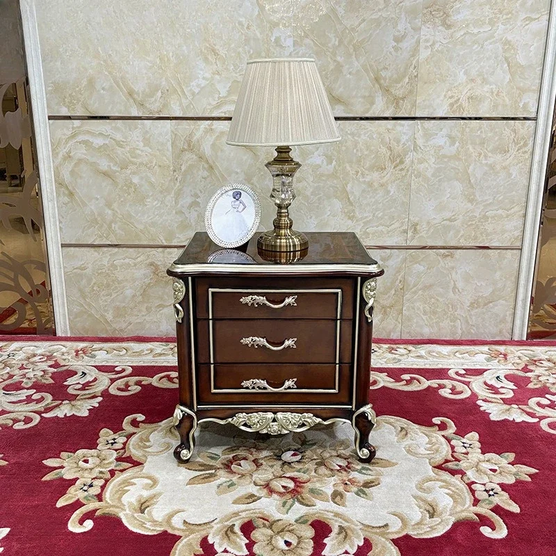French bedside table, European court luxury wood carving flower neoclassical bedroom bedside table, three drawers locker