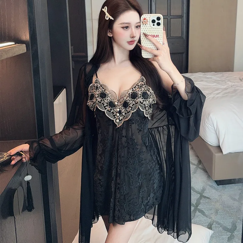 Mesh Nighty&Robe Set Nightgown Sexy Lace Nightgown Lingerie Summer Women Sleepwear Nightdress Rayon Homewear