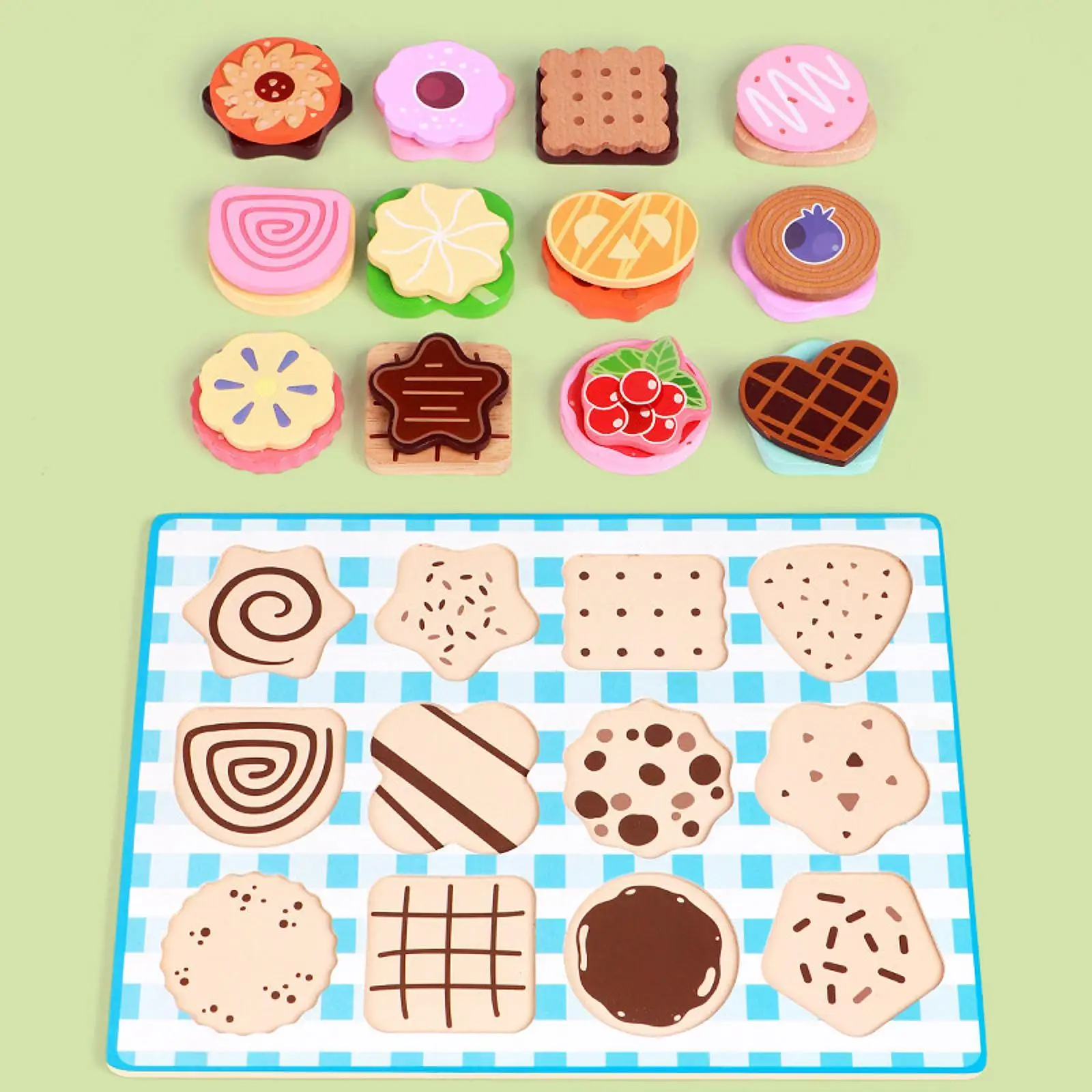 Wooden Cookie Play Food Set Color Shapes Matching Dessert Toys for Kids