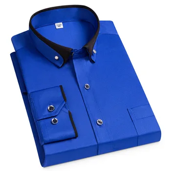 For Men's Business Dress Shirts Male Formal Button-Down Social Collar Camisa Social Elastic Anti-wrinkle Casual Men Shirt Pocket 2