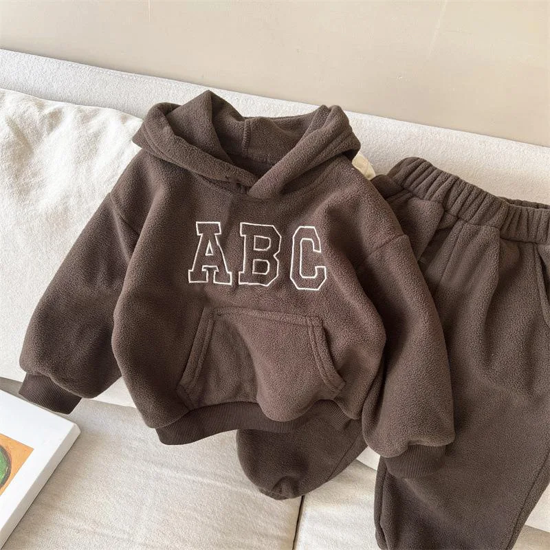 Children Autumn Winter Letter Plus Velvet Warm Hoodies Set Boy Girl Baby Fleece Thick Tops+Pants 2pcs Kid Cotton Sweatshirt Suit