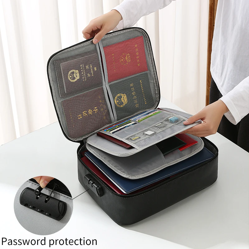 Multi-Layer Portable File Storage with Lock for Important Passport Certificates Waterproof Organizer Fireproof Document Bag