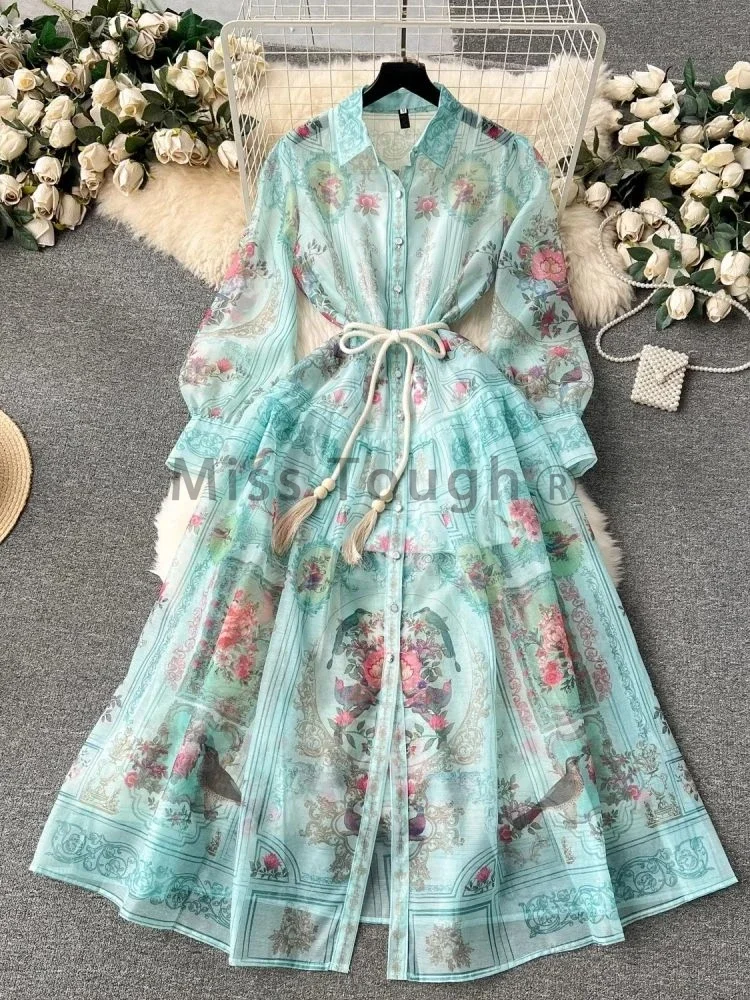 Autumn Elegant Gorgeous Party Dress Women Fashion Long Sleeve Single Breasted Dresses New Rotro Flower Print Belt Clothing 2024