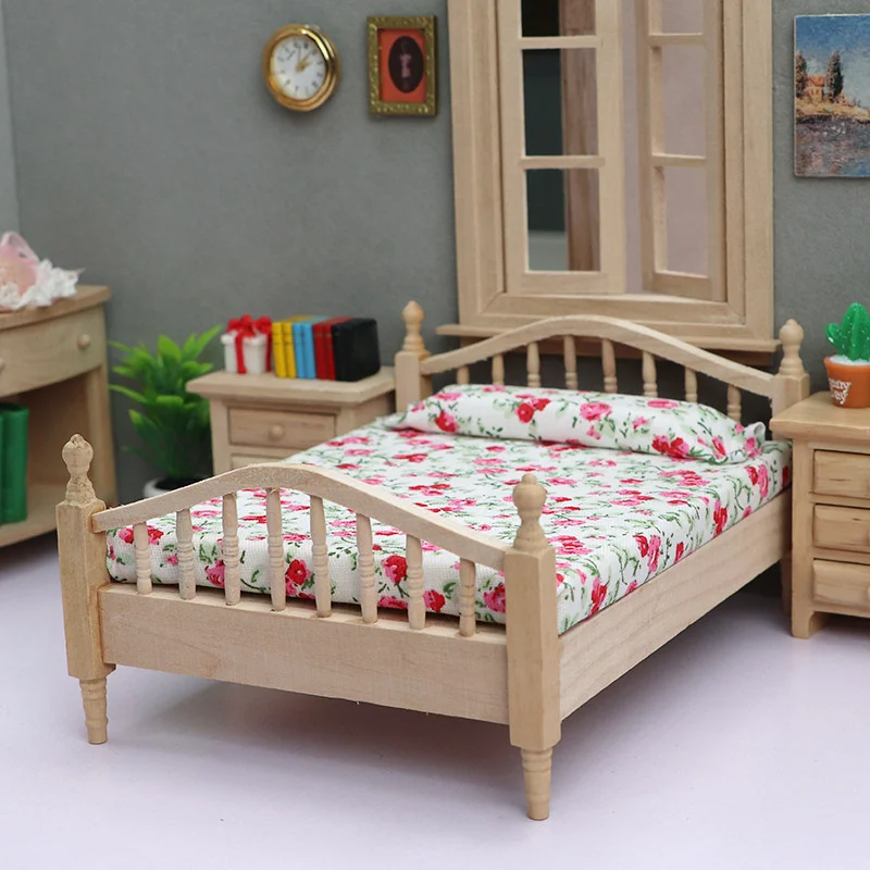 Casa de muñecas en miniatura, cama de flores rota, juguete, Mini muebles para dormitorio, casa de muñecas DIY, accesorios de decoración de cama doble, 1/12