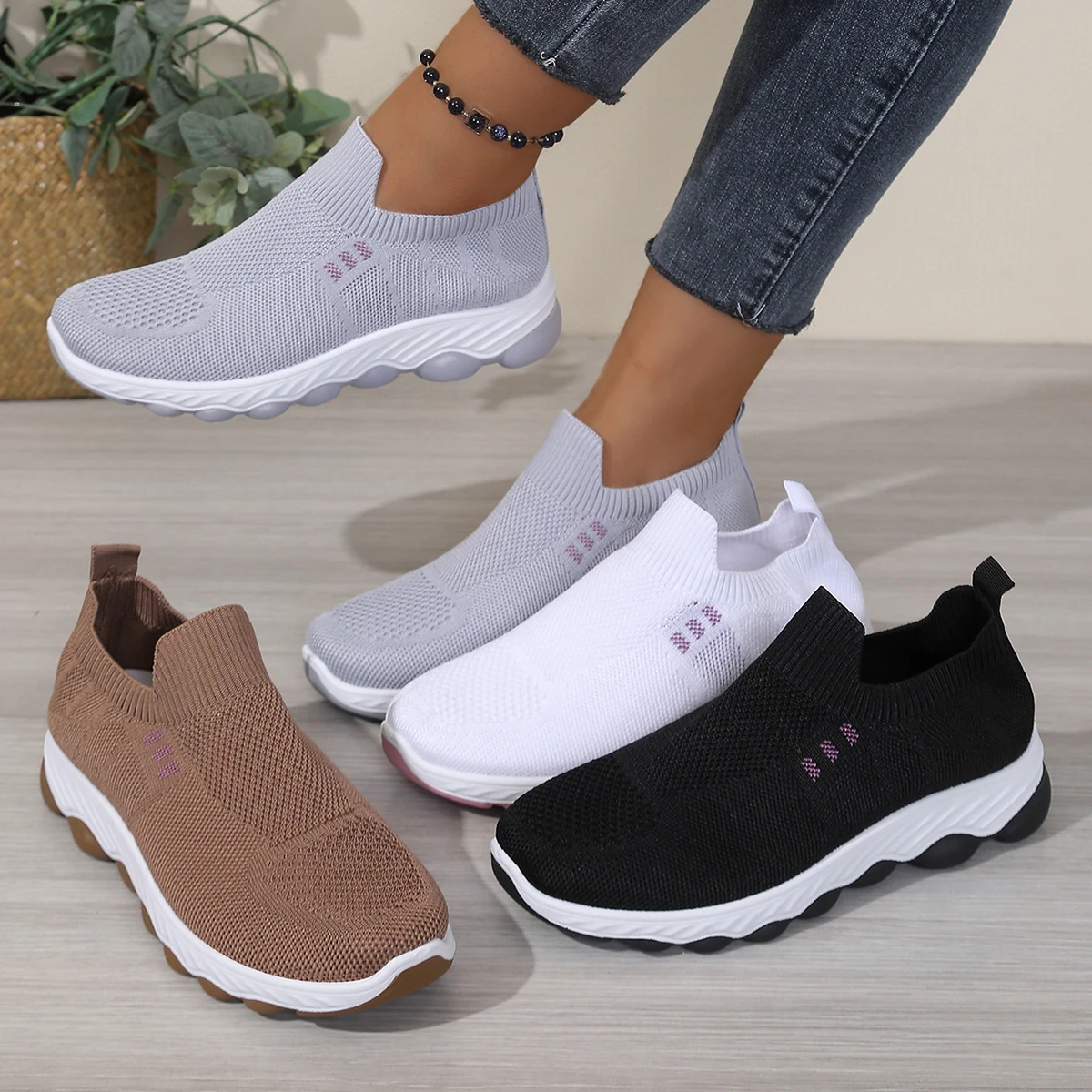 Women's Bubble Sole Hollow Mesh Slip-On Walking Sneakers, Ribbed Sock Ankle Collar, Triple Stitch Side Accent, Casual Footwear