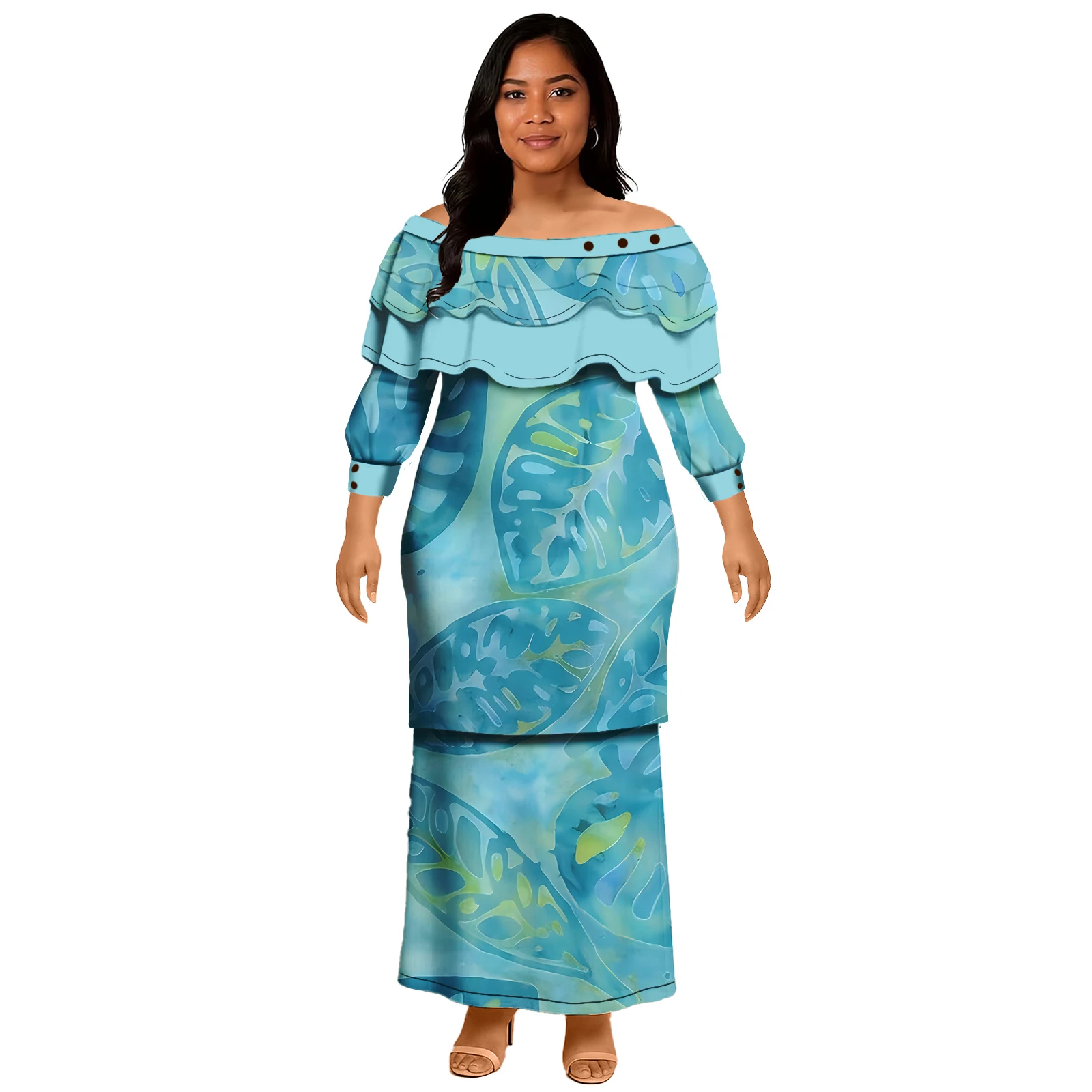 

Upscale Custom Clothes Ladies Button up Design Aloha Dresses Samoan Elegant Outfits Women Polynesian Puletasi 2 Piece Set Dress