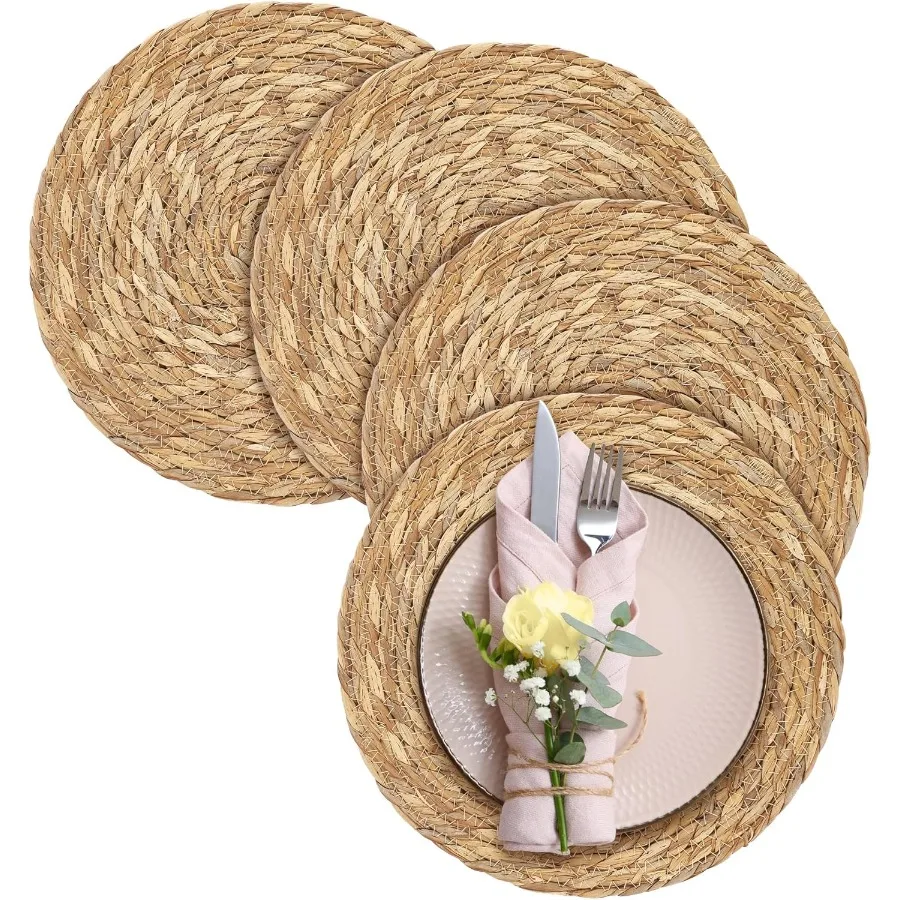 

4 упаковки, 13,8-дюймовые круглые тканые салфетки, натуральные плетеные салфетки ручной работы в стиле бохо из ротанга, плетеные салфетки для столовых приборов, деревенский дом, плетеные коврики для стола