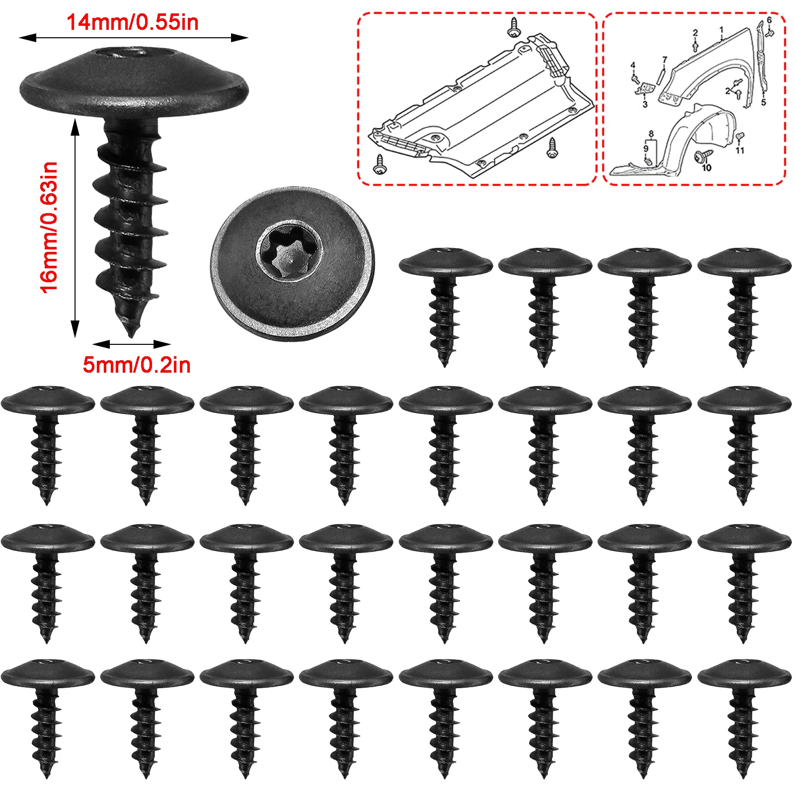 

30Pcs 5mm For Audi A4 A3 A5 A6 A7 A8 Q5 VW Golf Passat Black Torx Screw Car Engine Under Cover Splash Guard Self-tapping Screws