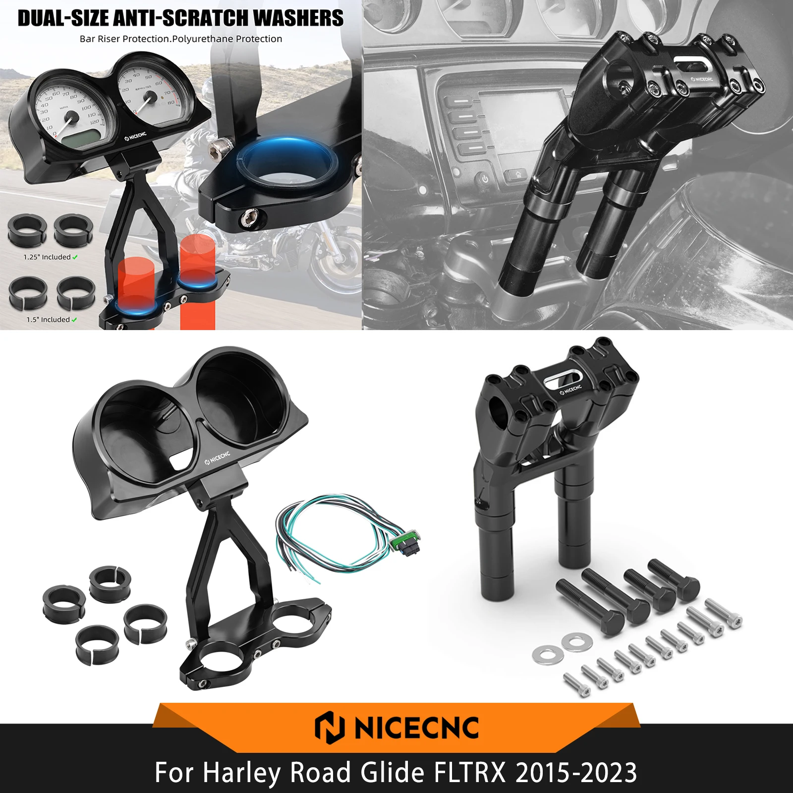 For Harley Road Glide/Special FLTRXS 2015-2023 Modular Kickback Handlebar Riser Gauges Bezel Gauges Relocation Mount Bracket Kit