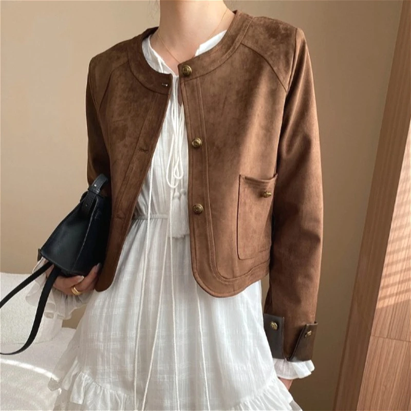 

Coat Women Short Coats Round Neck Full Sleeve Jackets Y2k Streetwear Work Casual Elegant Splice Jacket 2025 Autumn Winter