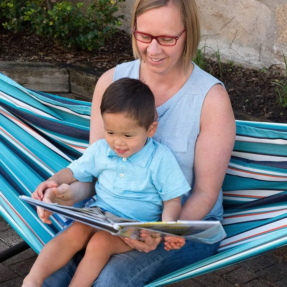 أرجوحة قطنية مزدوجة مع حامل فولاذي موفر للمساحة، أوتار نهاية بوليستر مطورة، سعة 450 رطل، حقيبة حمل ممتازة، مثالية f #4