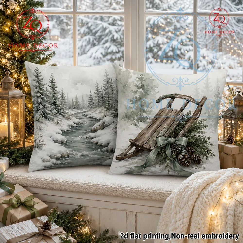 Retro sleigh pine branch Christmas pillowcase fresh  st st cushion crees a warm  festive home mosphere.