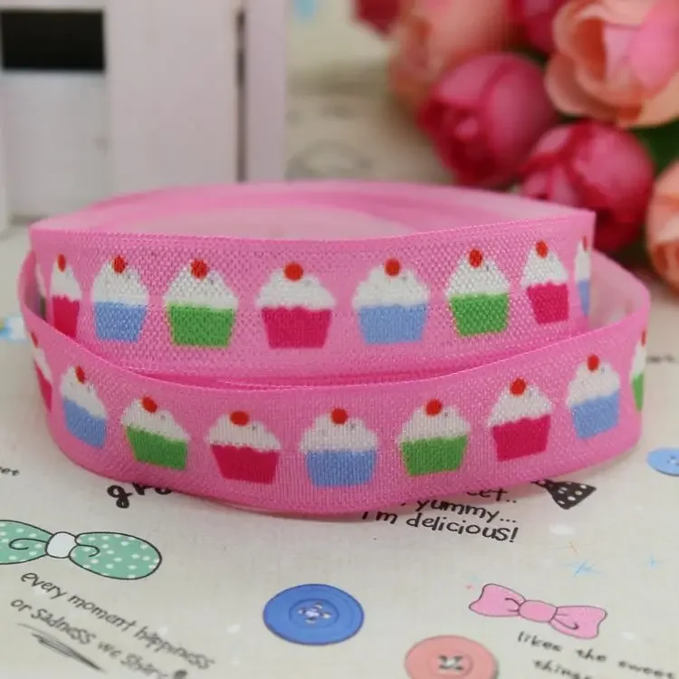 DHK 5/8 inch 5yards Fold Over Elastic FOE CUPCAKE printed ribbon headband diy decoration OEM Wholesale C236