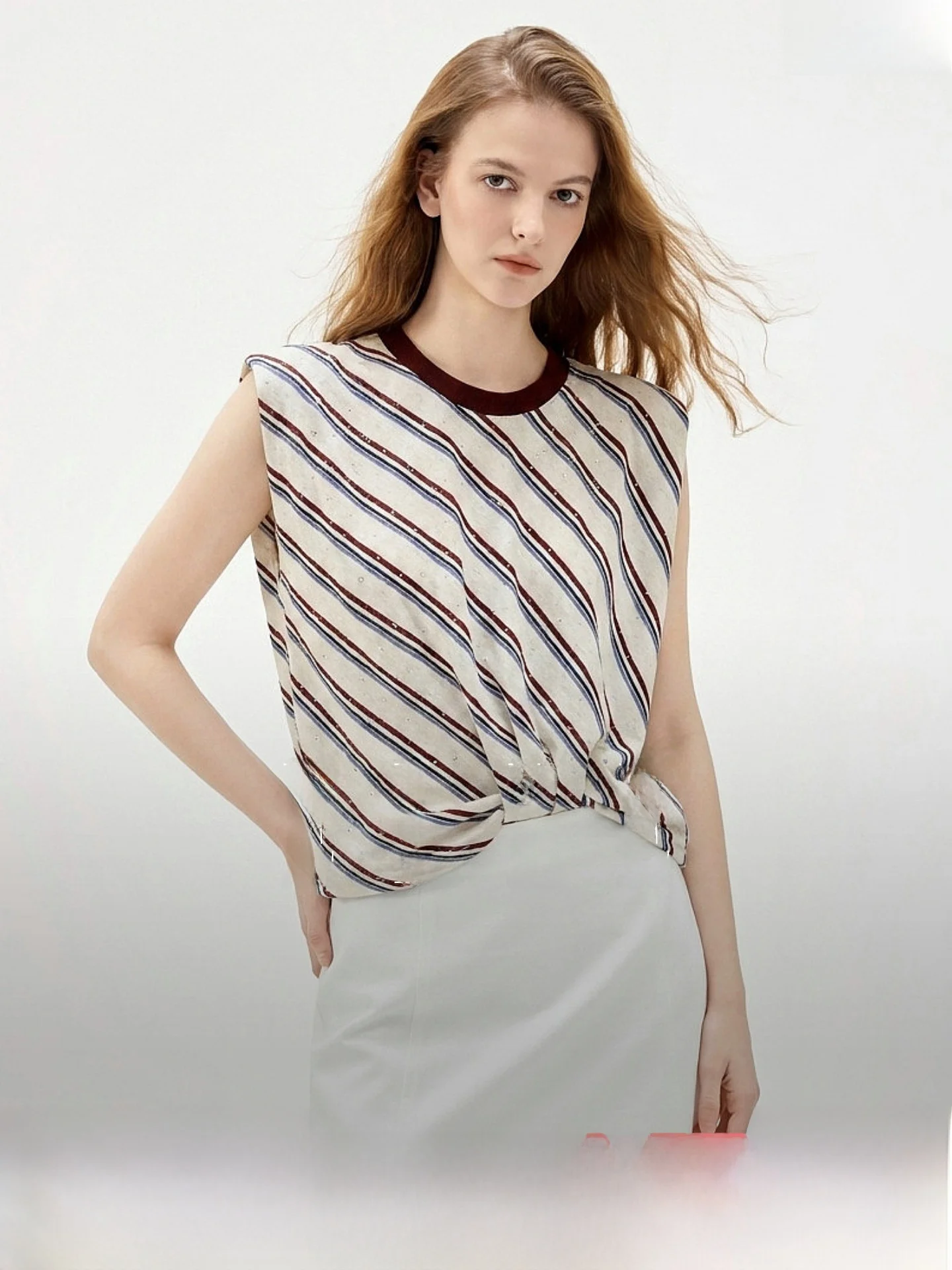 

Elle Summer New Loose Casual Stripe Color Block Knot Sleeveless T-Shirt Women's High Waist round Neck Short Sleeve Cotton Blend