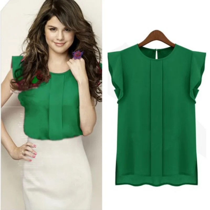 Women Candy Color Chiffon Round Collar Short Ruffle Sleeve Loose Shirt Blouse Tops