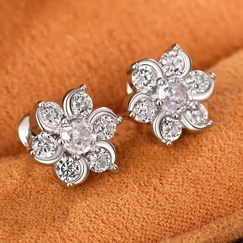 Clear Snowflake Imitation Moissanite Stud Earrings 925 Silver Needle Flower Shape Ear Studs for Women Zircon Jewelry