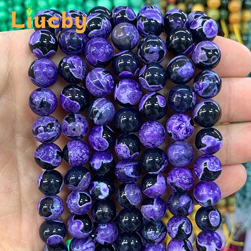 Natural Stone Cracked Dream Dragon Veins Agates Purple Round bead For Jewelry Making DIY exquisite Bracelet 15\