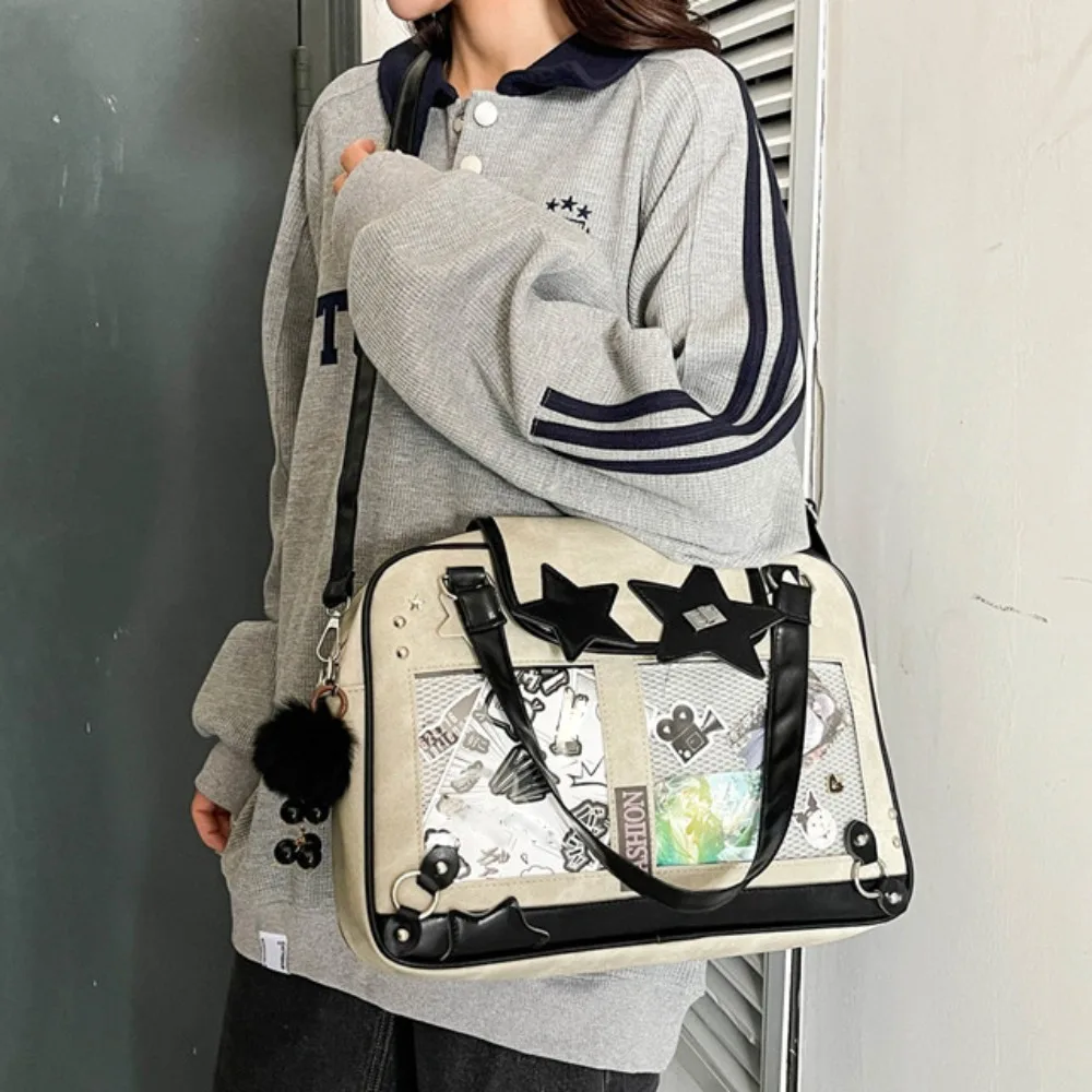 

Denim Shoulder Ita Bag PU Leather PVC Goth Transparent Pocket Large Capacity Japanese Style Y2K Anime Display Bag Kids