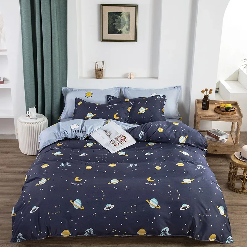 Boys Star Galaxy Duvet Cover Space Planet Cartoon Astronaut Quilt Cover Boundless Galaxy Starlight Reversible Bedding Set 4Pcs