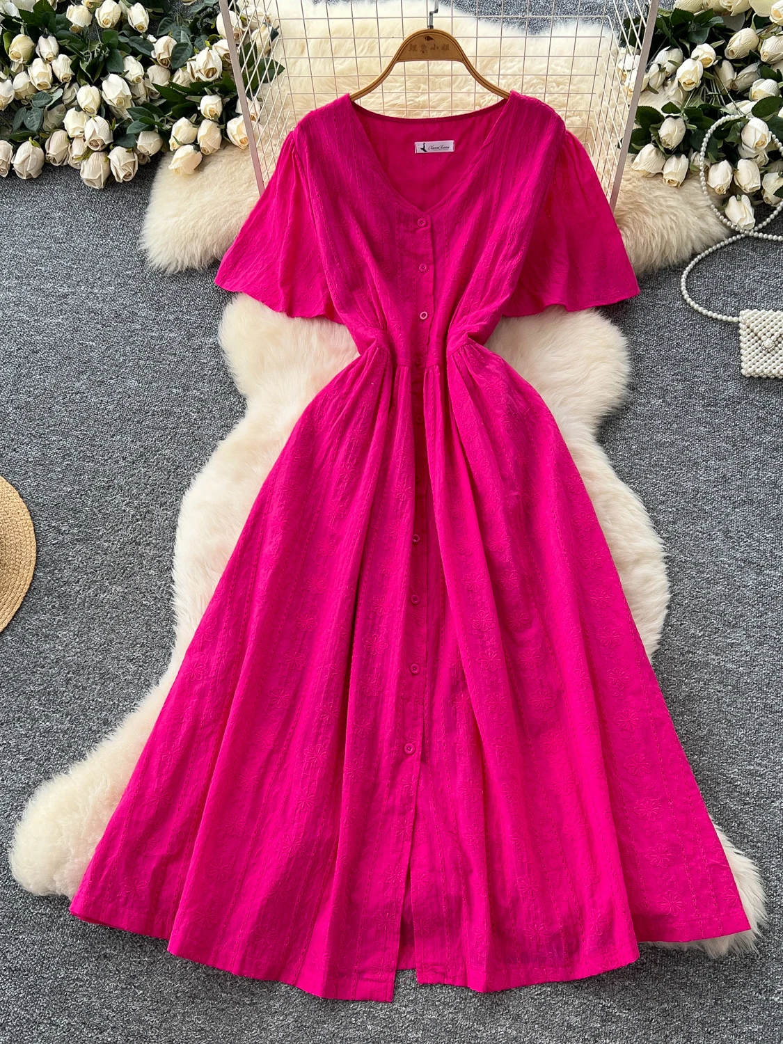 Vestido de Verano para Mujer, Estilo Coreano, Manga Corta, Cuello en V, Bordado, Cintura Ajustada, Falda de Línea A, Ropa de ...