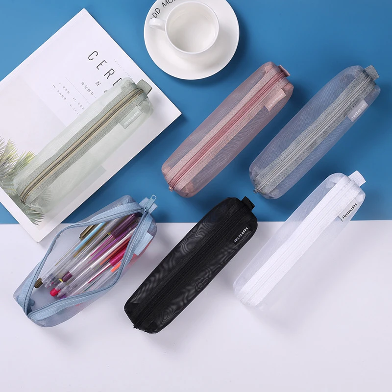 1Pc Large Capacity Transparent Mesh Pencil Case Thickened Portable For Students Exam Bag Storage Pouch Stationery Supplies