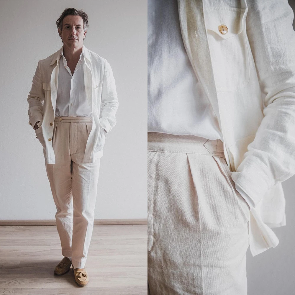 

2 Pieces Men Suit Blended White Summer Cool Coat+Pants Tailor-Made Business Wedding Formal Causal Daily Tailored