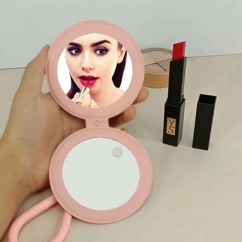 مرآة بوم بوم على شكل قلب من جلد البولي يوريثان مقاس 85 ملم قابلة للطي على الوجهين ومحمولة